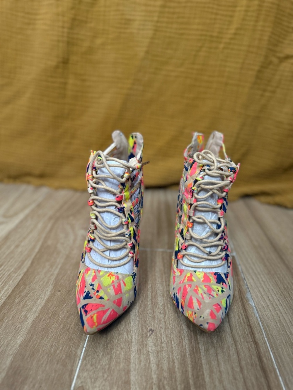 Anne Michelle Neon Paint-Splash Lace-Up Pointed Ankle Boots